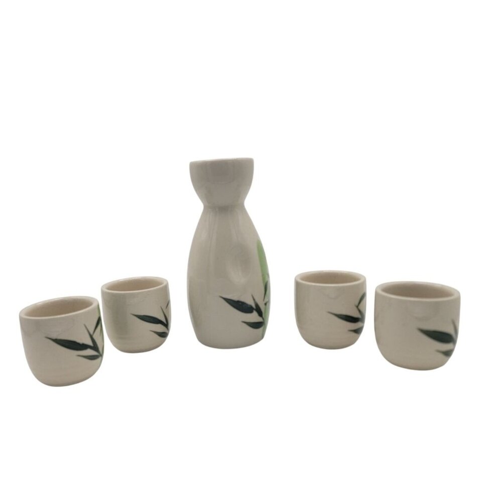 Vintage Ceramic Sake Set – Bamboo Motif Tokkuri with 4 Cups – Japanese Style Sto - Picture 5 of 9